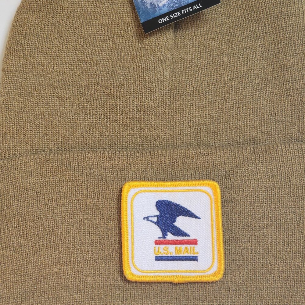 U.S. MAIL Patched Knit Cuffed Beanie in Caramel.